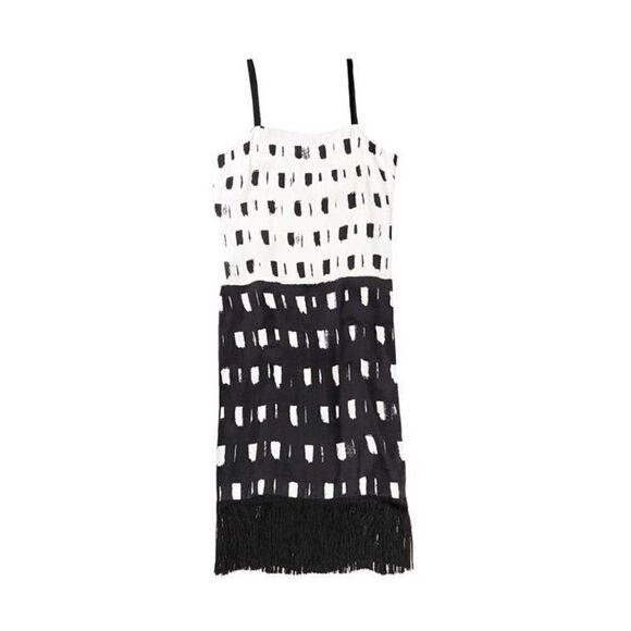 Paz Torraz Black And White Party Cocktail Sleeveless Fringe Midi Dress Size M - Picture 1 of 9